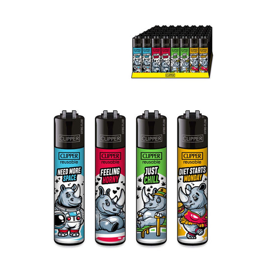 Clipper "RHINOS" VE 4x1 Stk Display Nachfüllbar Serie RHINOS (4 Feuerzeuge 1xBlau, 1xRot, 1xGrün und 1xGelb)