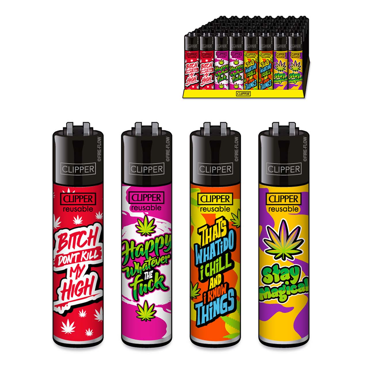 Clipper "WEED STATEMENT#6" VE 4x1 Stk Display Nachfüllbar Serie WEED STATEMENT#6 (4 Feuerzeuge 1xRot, 1xPink, 1xOrange und Gelb)